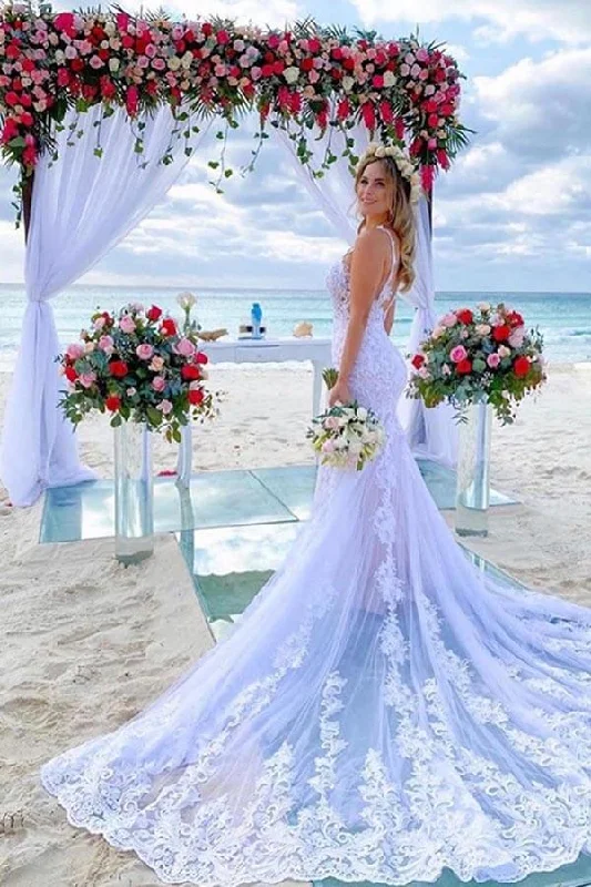 Women's Online Boutique Roycebridal Beautiful Mermaid Tulle Spaghetti Straps Lace Appliques Wedding Dress, MW908 Women's Online Boutique Roycebridal Beautiful Mermaid Tulle Spaghetti Straps Lace Appliques Wedding Dress, MW908