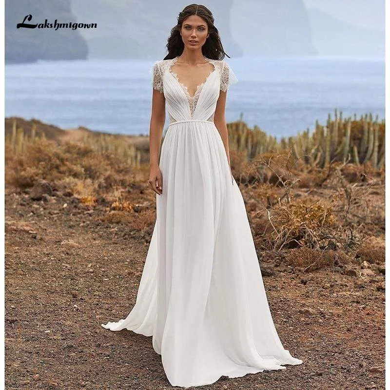 Stylish Savings Roycebridal Simple Wedding Dress Soft Lace Chiffon A-Line Short Sleeve