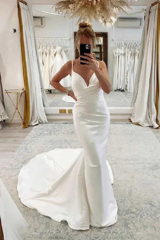 Clothes Of Woman Roycebridal Satin Mermaid Spaghetti Straps Pleated Wedding Dresses, Bridal Gown, MW896 Clothes Of Woman Roycebridal Satin Mermaid Spaghetti Straps Pleated Wedding Dresses, Bridal Gown, MW896