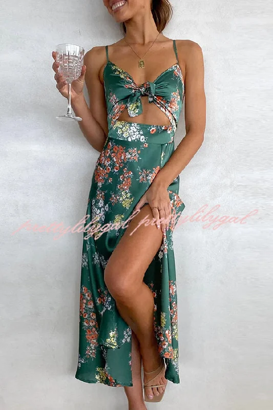 Trend Alert Dreamers Satin Floral Tie Up Slit Midi Dress