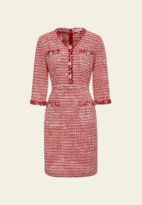 Fashionista Favorites Signature Red V-neck Tweed Midi Dress