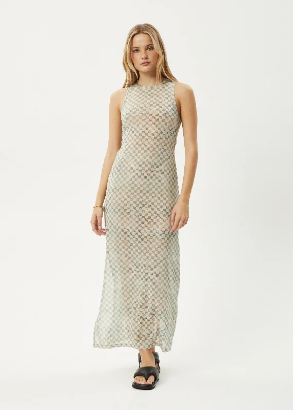 Save Big AFENDS Womens Glasshouse - Sheer Maxi Dress - Sand Checker