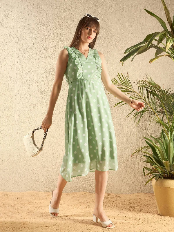 Modern Women’s Fashion with Vintage Touches Women Olive Polka Dot Midi Dress