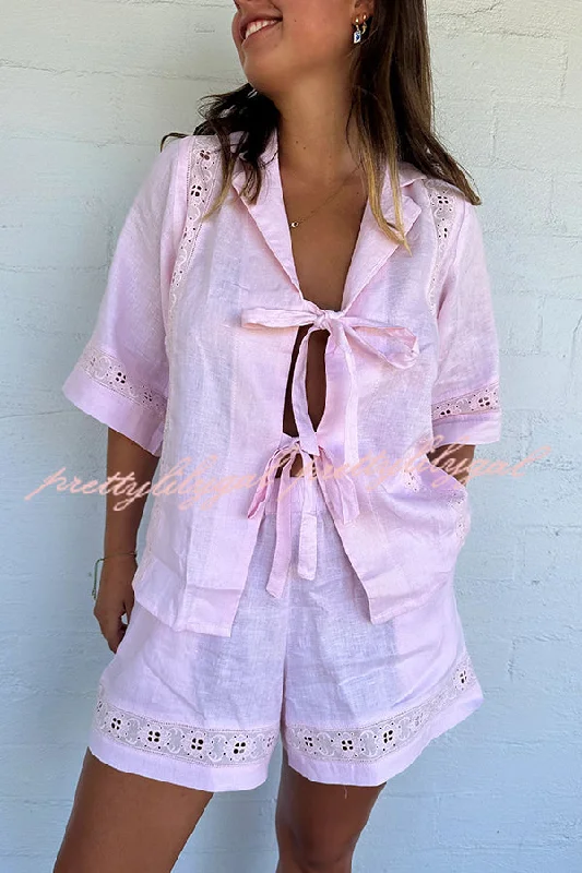 Exclusive Discount Celebrate Vacation Linen Blend Lace Splicing Tie-up Shirt and Elastic Waist Pocketed Shorts Set Exclusive Discount Celebrate Vacation Linen Blend Lace Splicing Tie-up Shirt and Elastic Waist Pocketed Shorts Set