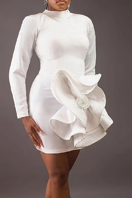 Flash Sale Clothing Solid Color 3D Flower Decor Unique Mini Dress