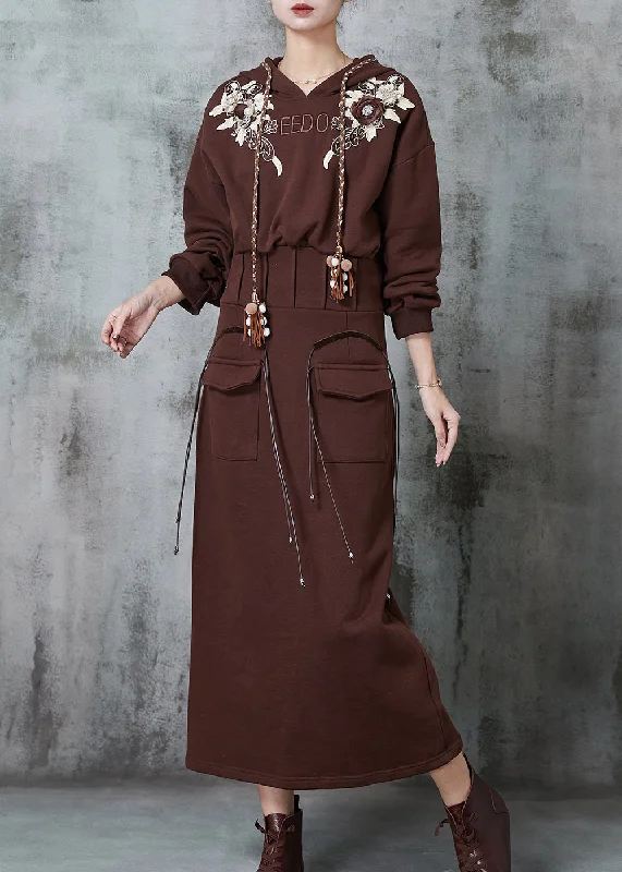 Cheap Women's Clothing Online Modern Brown Embroidered Floral Cotton Sweatshirt Dress Spring Cheap Women's Clothing Online Modern Brown Embroidered Floral Cotton Sweatshirt Dress Spring