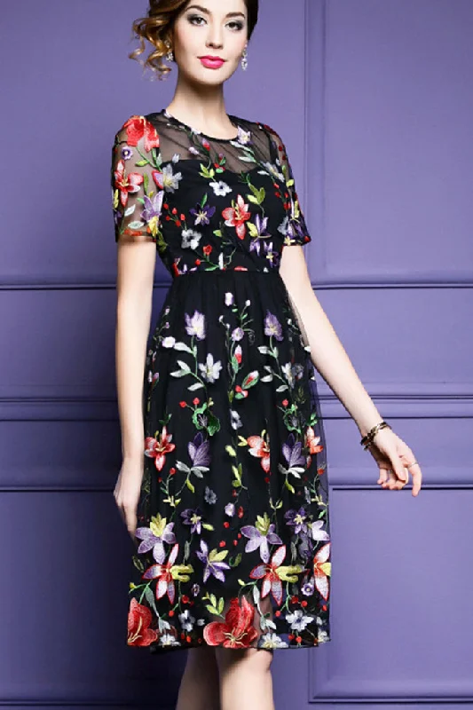 Modern Casual Clothing Short Sleeve Embroidered Midi Dress