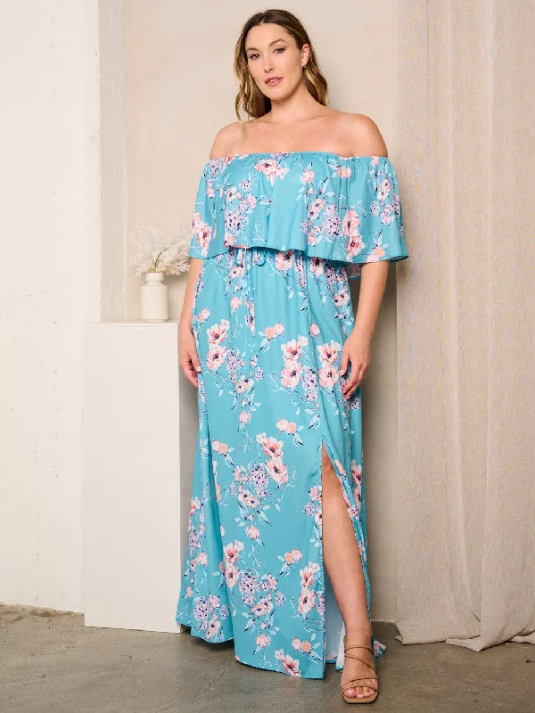 Special Offers PLUS SIZE OFF SHOULDER RUFFLE SIDE SLIT FLORAL MAXI DRESS