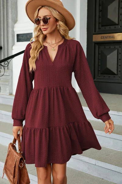 Extreme Clearance Deals Ruched Notched Long Sleeve Mini Dress