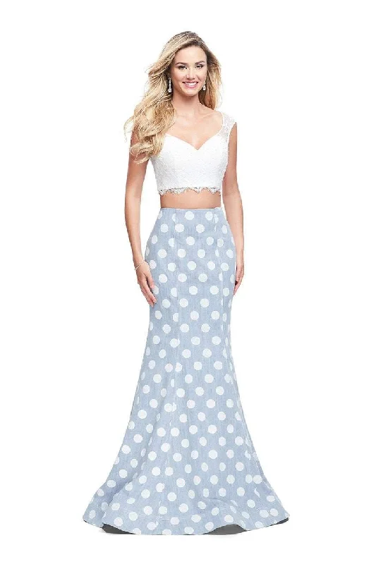 Affordable Women’s Clothing Sale Online La Femme - 26206 Two Piece Lace and Denim Polka Dot Trumpet Gown Affordable Women’s Clothing Sale Online La Femme - 26206 Two Piece Lace and Denim Polka Dot Trumpet Gown