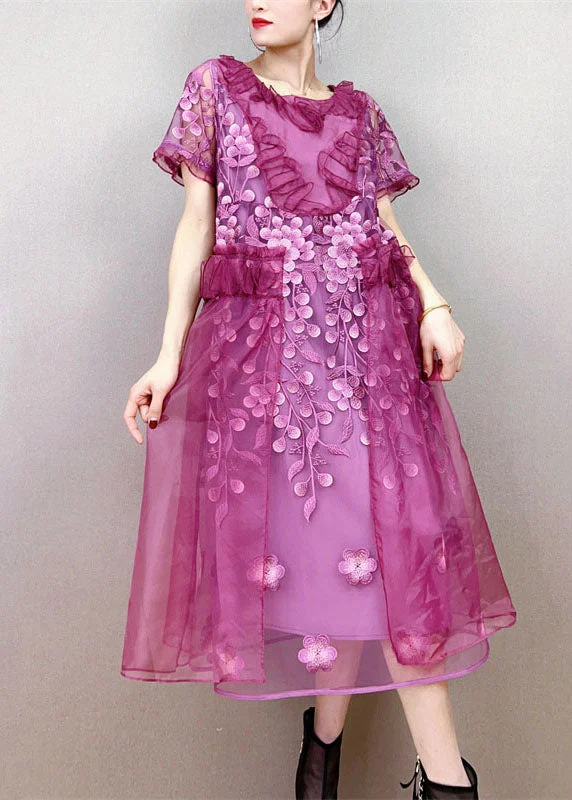Bold Prints Casual Chic Style Purple Ruffled Floral Decorated Patchwork Tulle Dress Summer Bold Prints Casual Chic Style Purple Ruffled Floral Decorated Patchwork Tulle Dress Summer