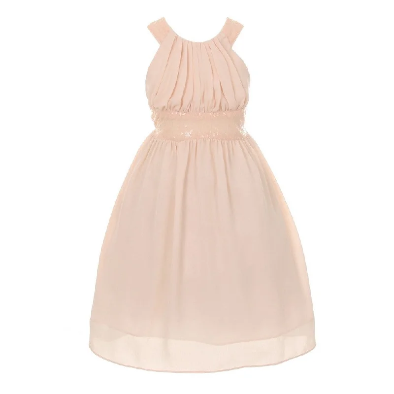 Trendy Street Style Attire Little Girls Blush Dazzling Sequin X Back Pleated Dress 4-6 Trendy Street Style Attire Little Girls Blush Dazzling Sequin X Back Pleated Dress 4-6