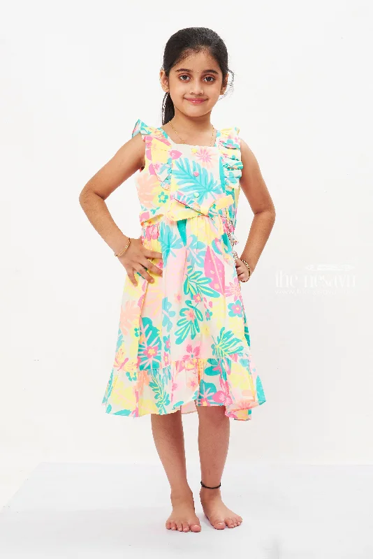 Evening Looks Exotic Garden Sleeveless Cotton Frock for Girls - Frilled Hem and Vibrant Print Evening Looks Exotic Garden Sleeveless Cotton Frock for Girls - Frilled Hem and Vibrant Print