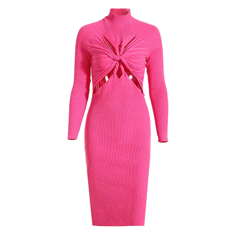 Women’s Casual and Dressy Outfits Edgy Twist Front Cutout High Neck Long Sleeve Rib Knit Midi Dress - Black Women’s Casual and Dressy Outfits Edgy Twist Front Cutout High Neck Long Sleeve Rib Knit Midi Dress - Black
