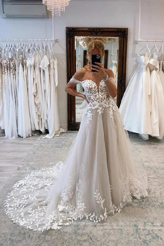 VIP Member Discount Roycebridal Tulle A-line Off-the-Shoulder Wedding Dresses With Lace Appliques, MW912 VIP Member Discount Roycebridal Tulle A-line Off-the-Shoulder Wedding Dresses With Lace Appliques, MW912