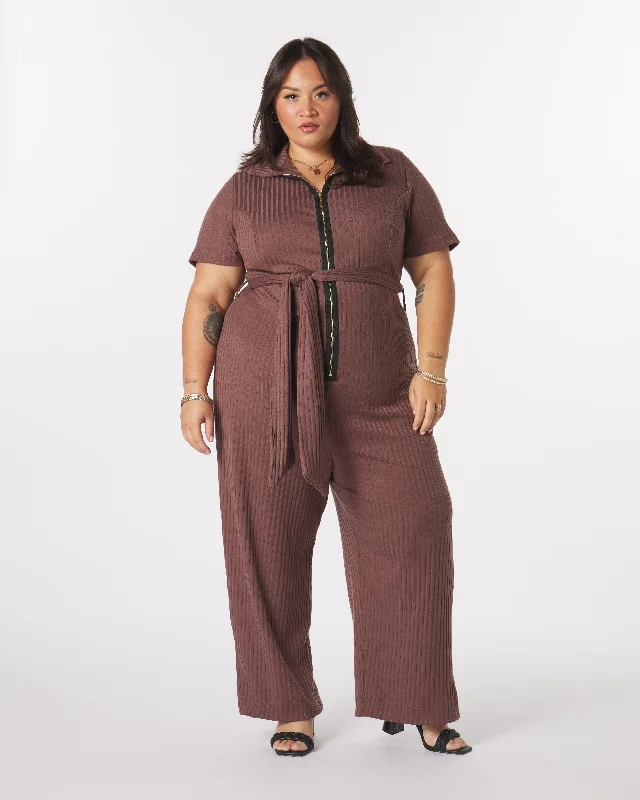 Trendy Street Style Attire “Lucia" Knit Belted Jumpsuit in Acorn