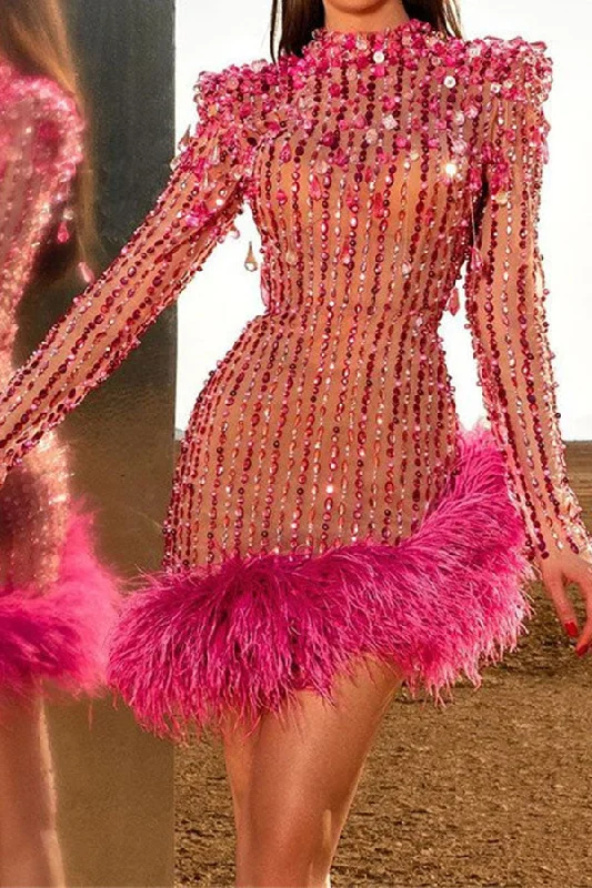 Timeless Classics Rhinestone Luxe Feather Hem Irregular Mini Dress