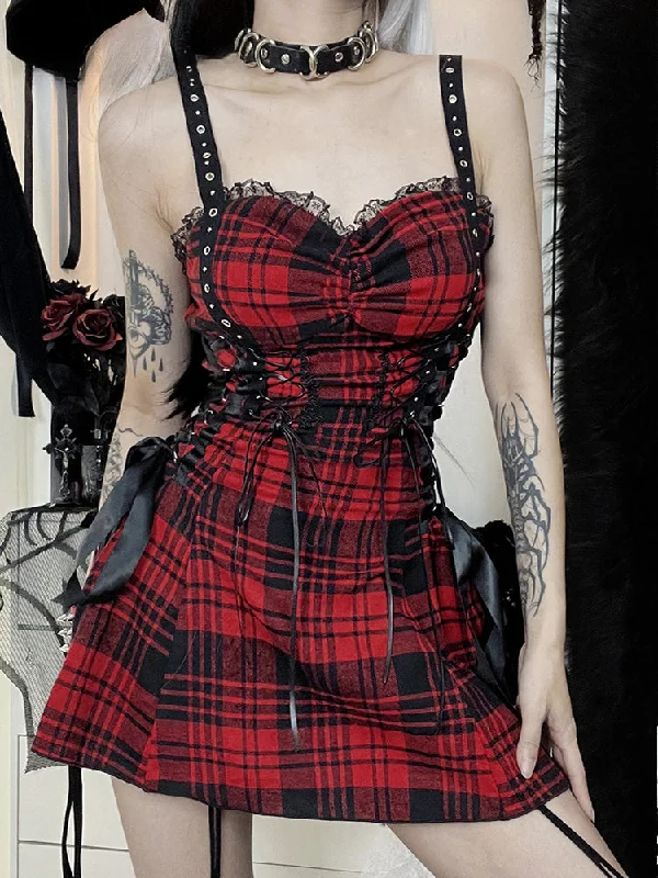 Stylish Loungewear for Women Red Plaid Street Goth Fairy Grunge Y2K Pleated Lace-Up Tube Lolita Eyelet Corset Mini Dress Stylish Loungewear for Women Red Plaid Street Goth Fairy Grunge Y2K Pleated Lace-Up Tube Lolita Eyelet Corset Mini Dress