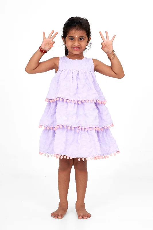 Street Style Fashion Lilac-Tiered Girls Fancy Frock with Pom-Pom Trim and Sleeveless Design for Parties Street Style Fashion Lilac-Tiered Girls Fancy Frock with Pom-Pom Trim and Sleeveless Design for Parties