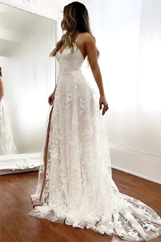 Women's Clothing Online Roycebridal Tulle A-line V-neck Open Back Spaghetti Straps Wedding Dresses With Slit, MW886 Women's Clothing Online Roycebridal Tulle A-line V-neck Open Back Spaghetti Straps Wedding Dresses With Slit, MW886