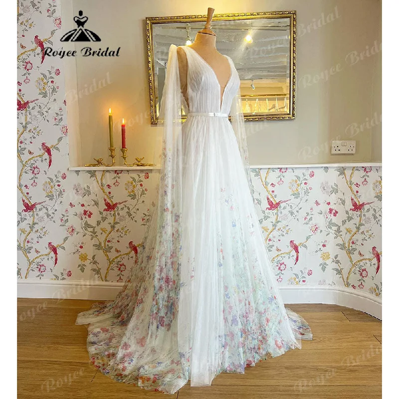 Additional Time-Limited Offers Deep V Neck A Line Boho Beach Print Flower Wedding Dress for Women 2025 Vestidos Civil Bridal Gowns vestido fiesta boda invitada