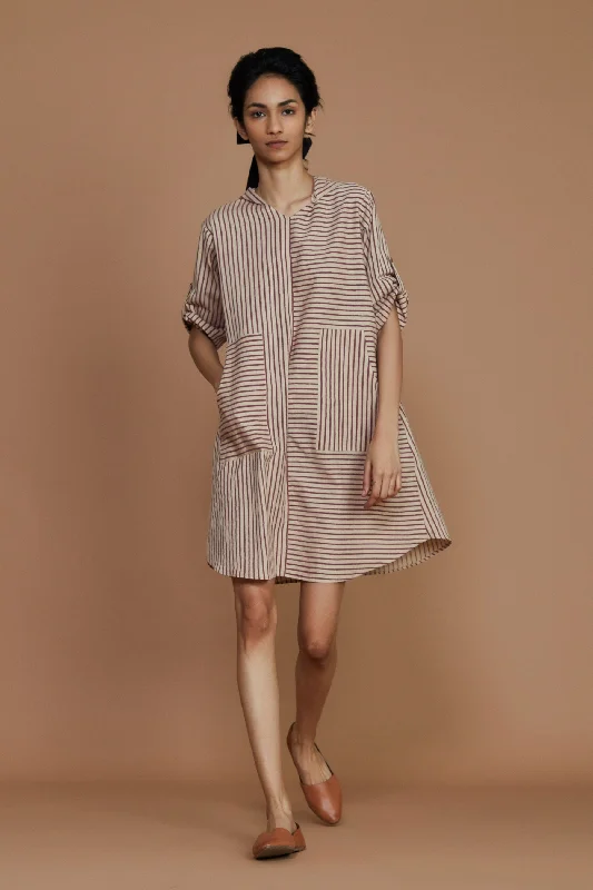 Romantic Detailing Ivory With Mauve Striped Hooded Dress