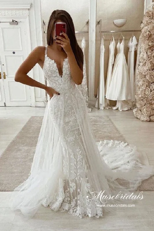 Clothing Sales Roycebridal Tulle Mermaid V-neck Rustic Wedding Dresses With Detachable Train, MW973 Clothing Sales Roycebridal Tulle Mermaid V-neck Rustic Wedding Dresses With Detachable Train, MW973