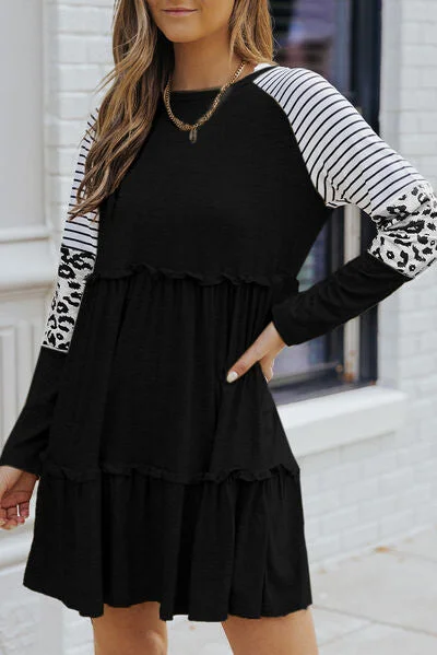 Women’s Casual Dresses Frill Striped Leopard Round Neck Mini Dress
