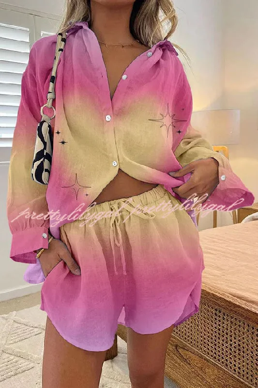 Exclusive Discounts Shiny Star Print Button Pocket Lace Up Shorts Set