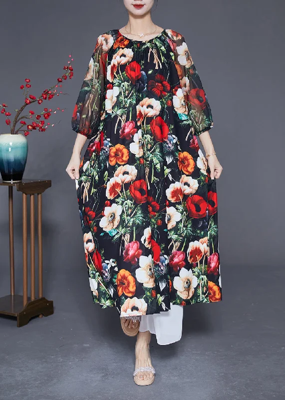 Latest Fashion for Women Beautiful Black O-Neck Floral Print Silk Dress Bracelet Sleeve Latest Fashion for Women Beautiful Black O-Neck Floral Print Silk Dress Bracelet Sleeve