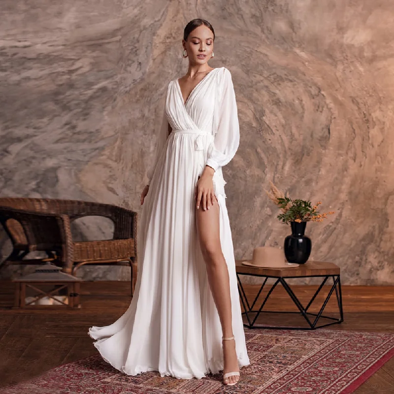 Women's Urban Fashion Roycebridal Simple Wedding Dress Sexy V Neck Long Sleeves Plain Chiffon A Line Beach Wedding Gown Side Slit Bridal Dresses