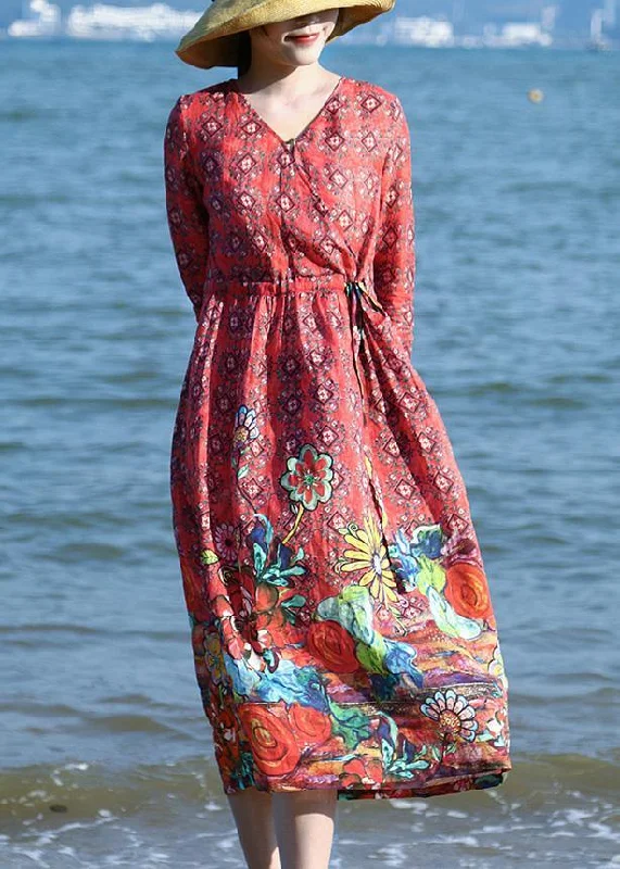 Stylish Everyday Clothing Loose red floral linen outfit drawstring long v neck Dresses Stylish Everyday Clothing Loose red floral linen outfit drawstring long v neck Dresses