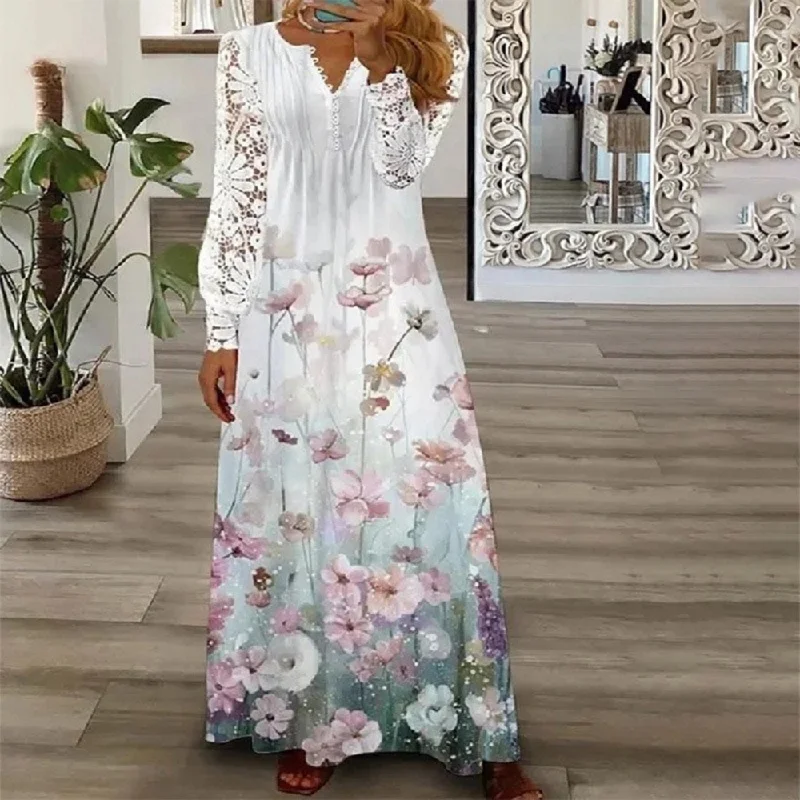 Casual Fashion Floral Lace Pleated Maxi Dress