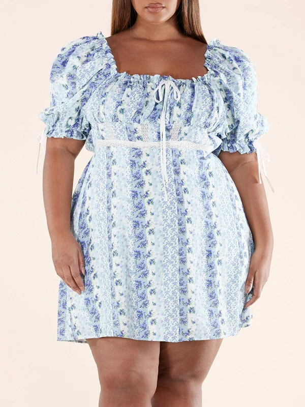 Summer Deals PLUS SIZE SHORT PUFF SLEEVE ELASTIC WAIST FLORAL MINI DRESS