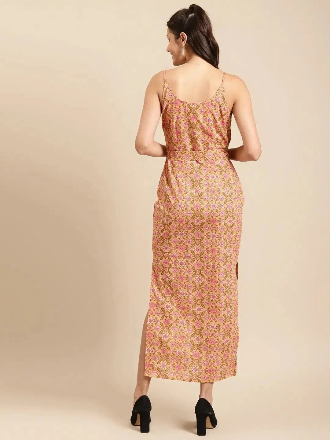 End Of Season Sale Clothing Speghetti Strap long maxi dress with waist tie in Peach Print