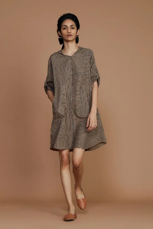 Women's Everyday Apparel Brown With Charcoal Striped Hooded Dress