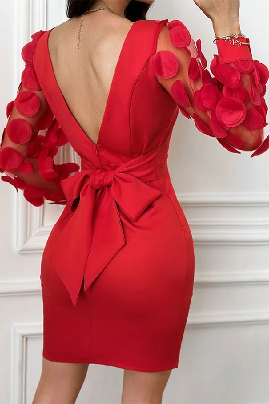 Comfortable Casual Women’s Clothing 3D Rounded Leaf Decor Modern V-Back Bow Tie Mini Dress Comfortable Casual Women’s Clothing 3D Rounded Leaf Decor Modern V-Back Bow Tie Mini Dress