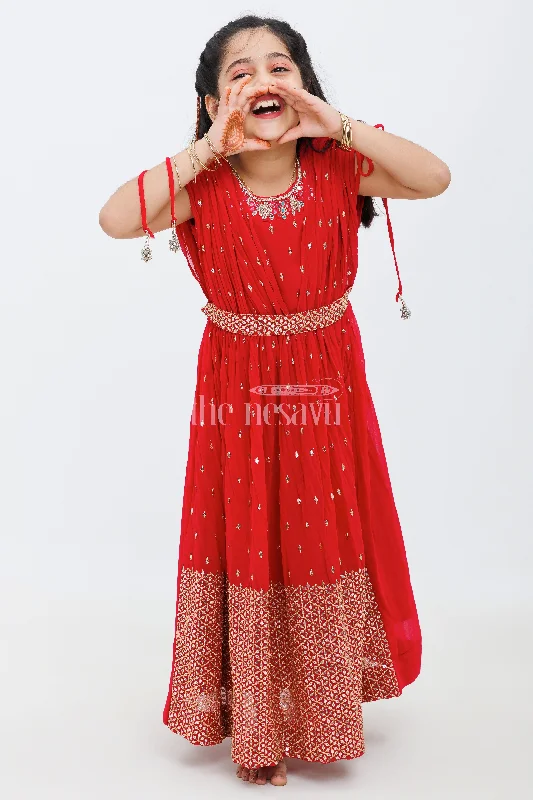 Premium Style Maroon Georgette Embroidered Party Gown with Poncho Sleeves for Girls Premium Style Maroon Georgette Embroidered Party Gown with Poncho Sleeves for Girls