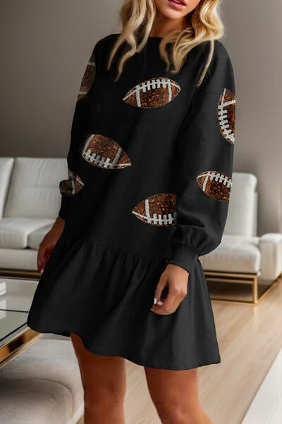 Hot Picks Football Sequin Round Neck Dropped Shoulder Mini Dress