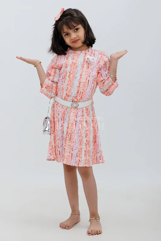 Edgy Fashion Peach Geometric Printed Party Frock for Girls