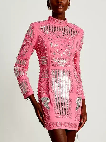 Urban Femme Streetwear Sequin and Bead-Embellished Hot Pink Mini Dress