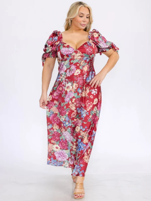 Limited Time Flash Sale PLUS SIZE SHORT PUFF SLEEVES V-NECK FLORAL MAXI DRESS