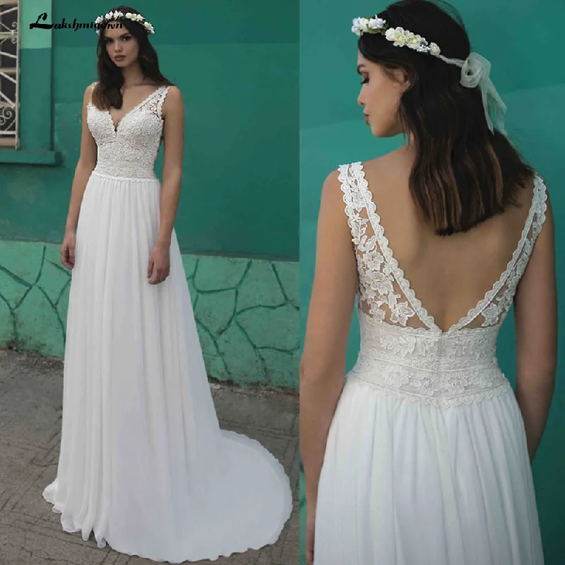 Online Boutiques Clothing Roycebridal Summer Beach A-Line Wedding Dresses Boho lace V-neckline Backless Tulle Bridal Gown Abito Da Sposa Vestido De Novia