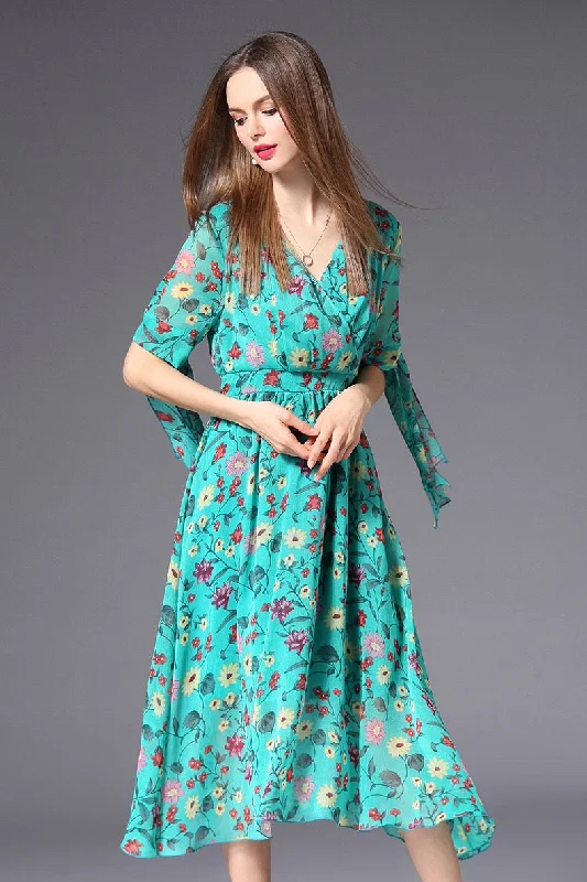 Trendy Pulse Crossed Top Floral Chiffon Dress