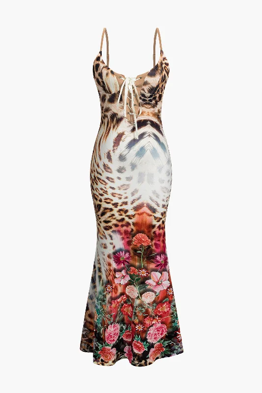 Edgy Fashion Leopard Floral Tie-Front Slip Maxi Dress