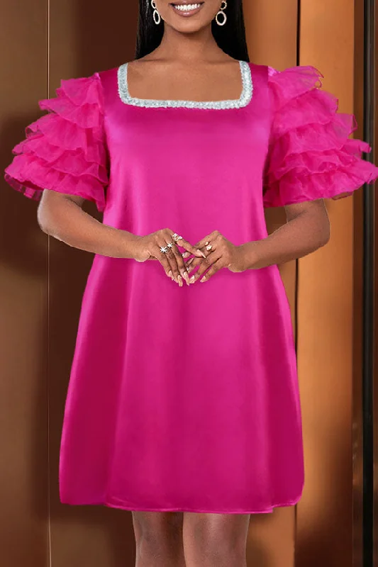 Modern Casual Clothing Rhinestone Patchwork Pretty Tiered Trumpet Sleeve Mini Dress