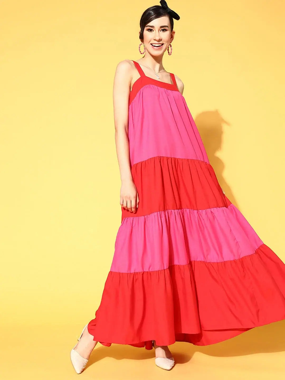 Fashion Deal Women Red & Fuchsia ColourBlock Tiered Maxi Dress