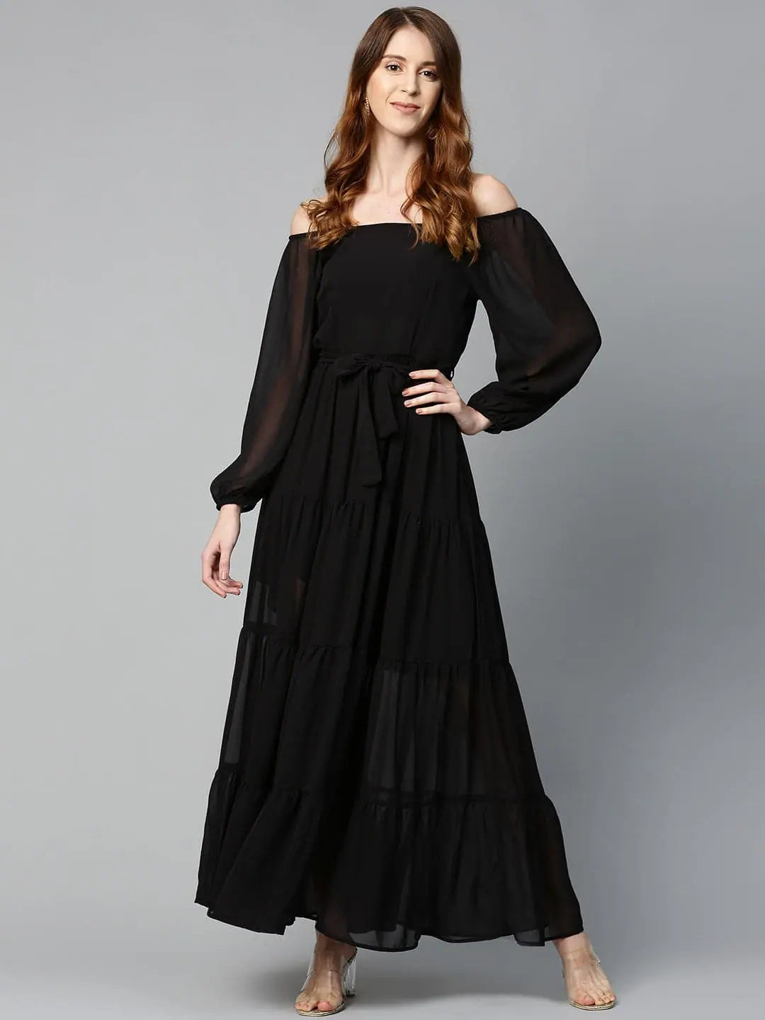 Mega Sale Black Square Neck Tiered Maxi Dress