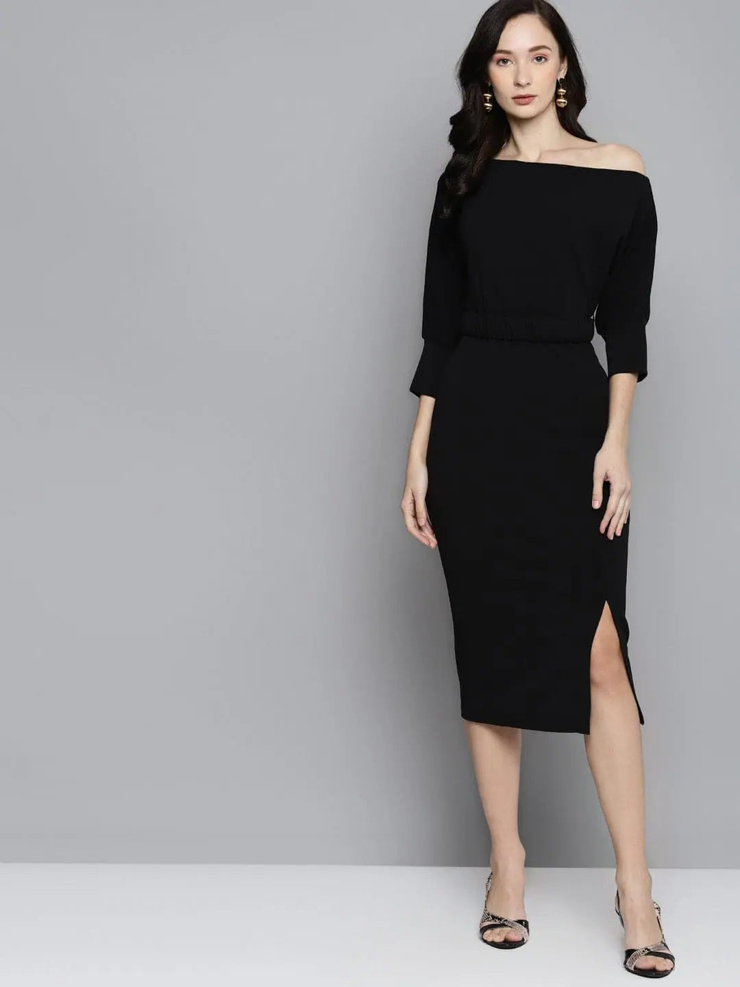 Clothes For Sale Black Belted Drop Shoulder Midi Dress