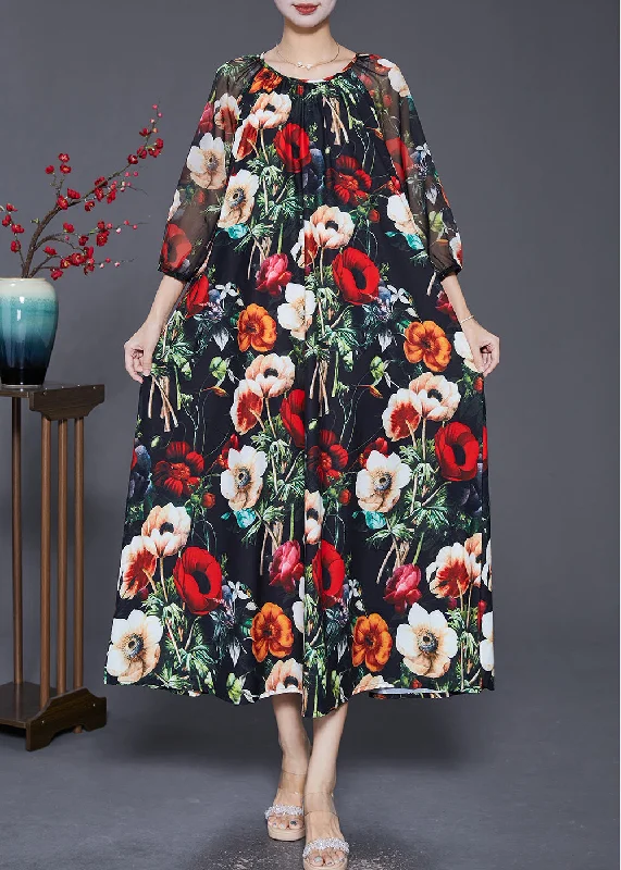 Sophisticated Style French Black Oversized Floral Print Draping Chiffon Dresses Summer Sophisticated Style French Black Oversized Floral Print Draping Chiffon Dresses Summer